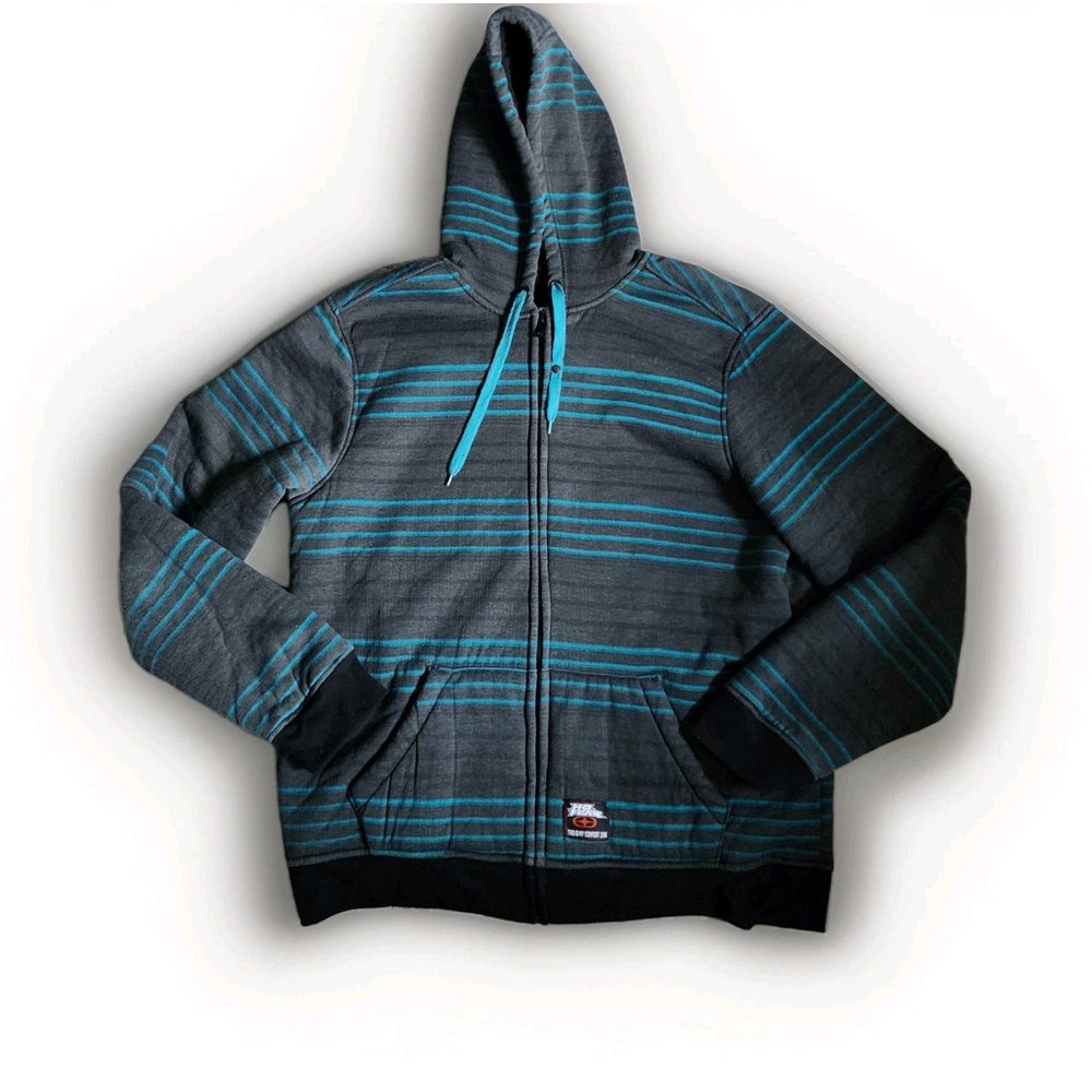 No Fear Sweatshirt Mens XL Gray & Blue Striped Full Zip Fleece Lined Hoodie Y2K - Picture 6 of 15
